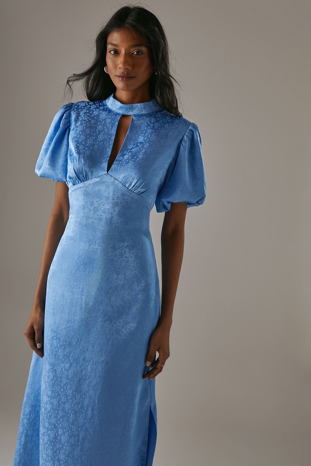 Warehouse Rose Satin Jacquard Puff Sleeve Tie Back Midi Dress Blue image 4