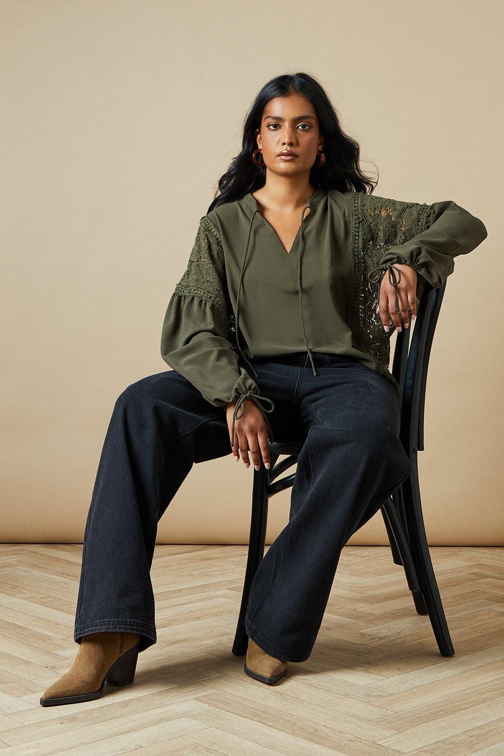 Oasis Lace Trim Tie Neck Crepe Blouse Tan image 3