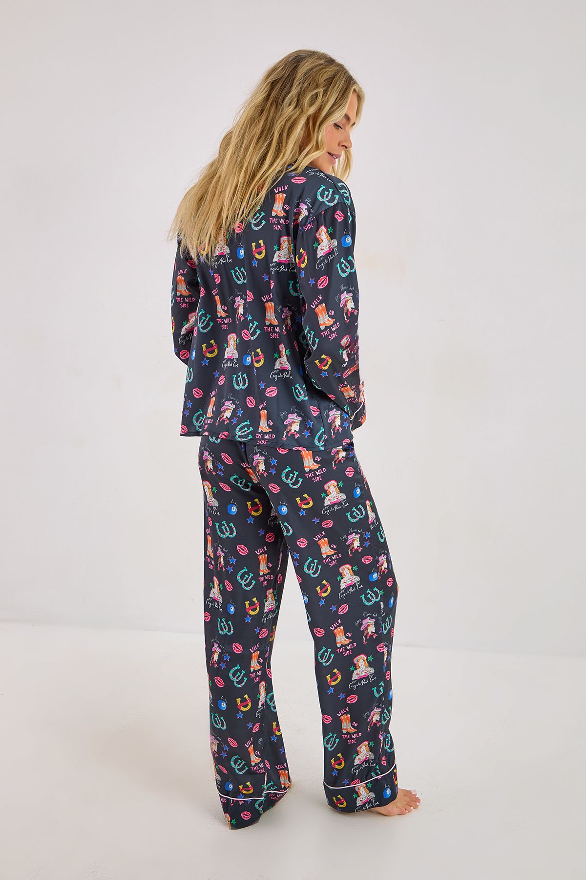 NastyGal Satin Western Conversational Contrast Piped Pajama Pants Set Black image 4