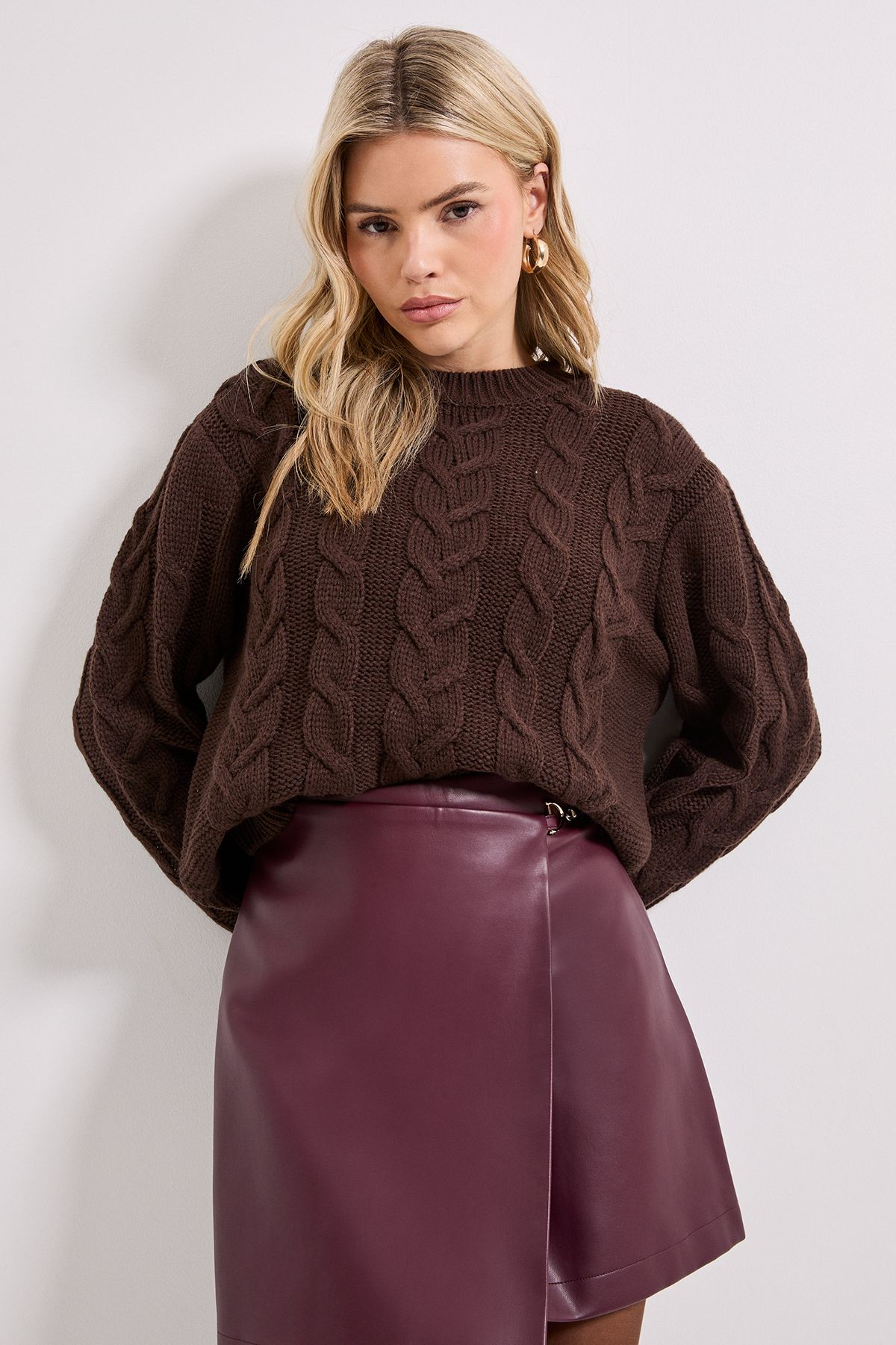 Dorothy Perkins Cable Knit Crew Neck Jumper Chocolate image 1