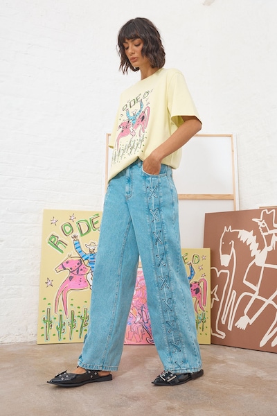 Warehouse Tony Low Waist Lace Up Wide Jean Mid Blue