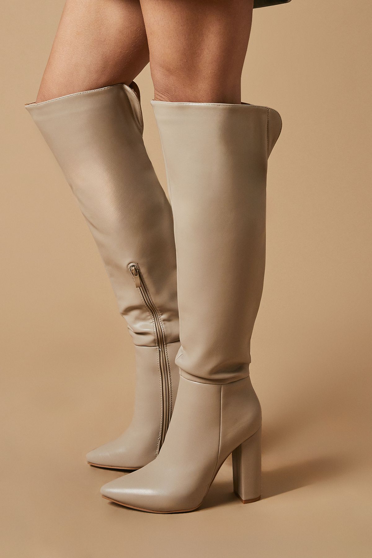 Oasis Kandi Faux Leather High Block Heel Pointed Over The Knee Boot Taupe image 2