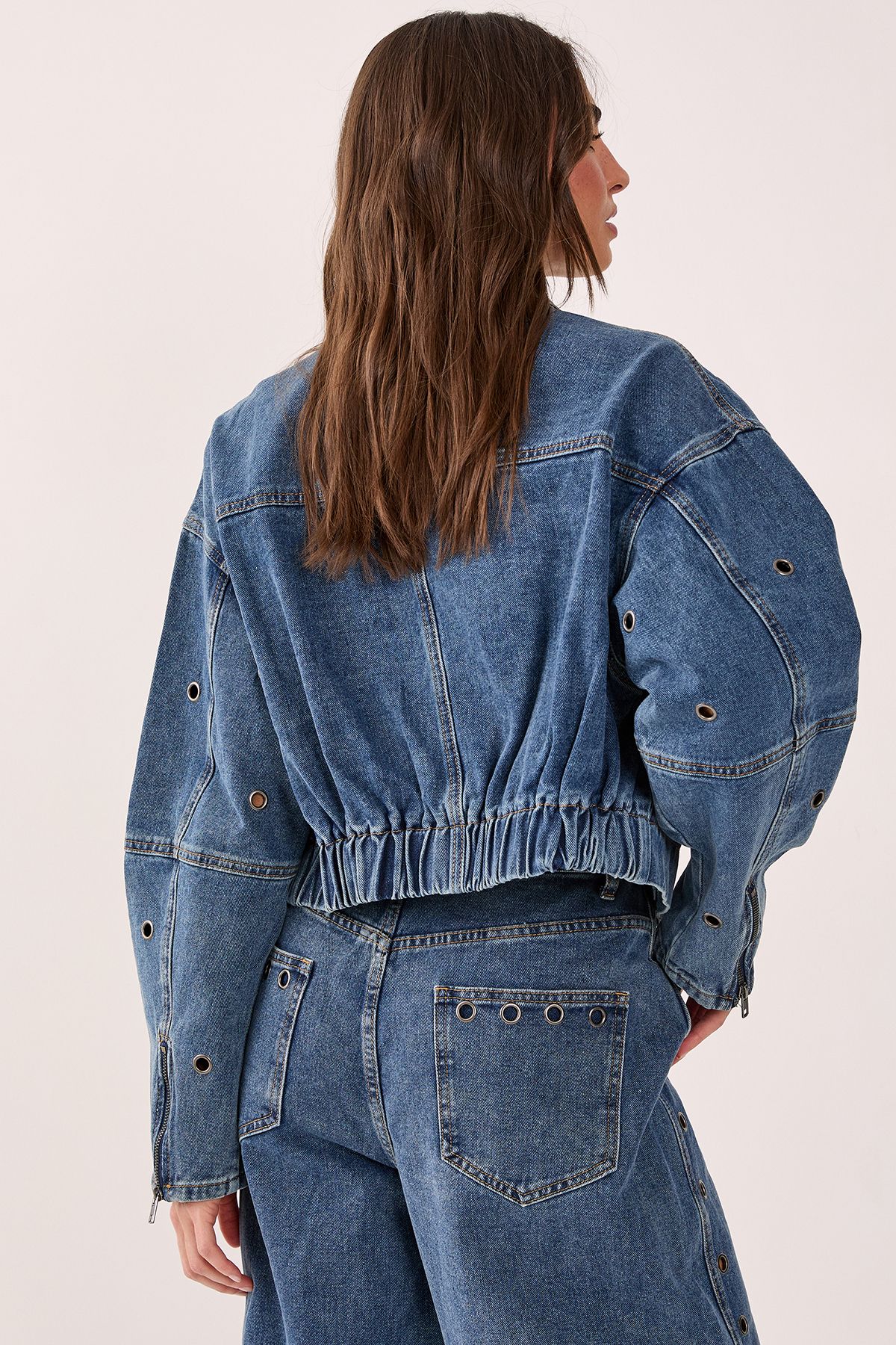 NastyGal Eyelet Utility Zip Through Denim Jacket Authentic Midwash image 4