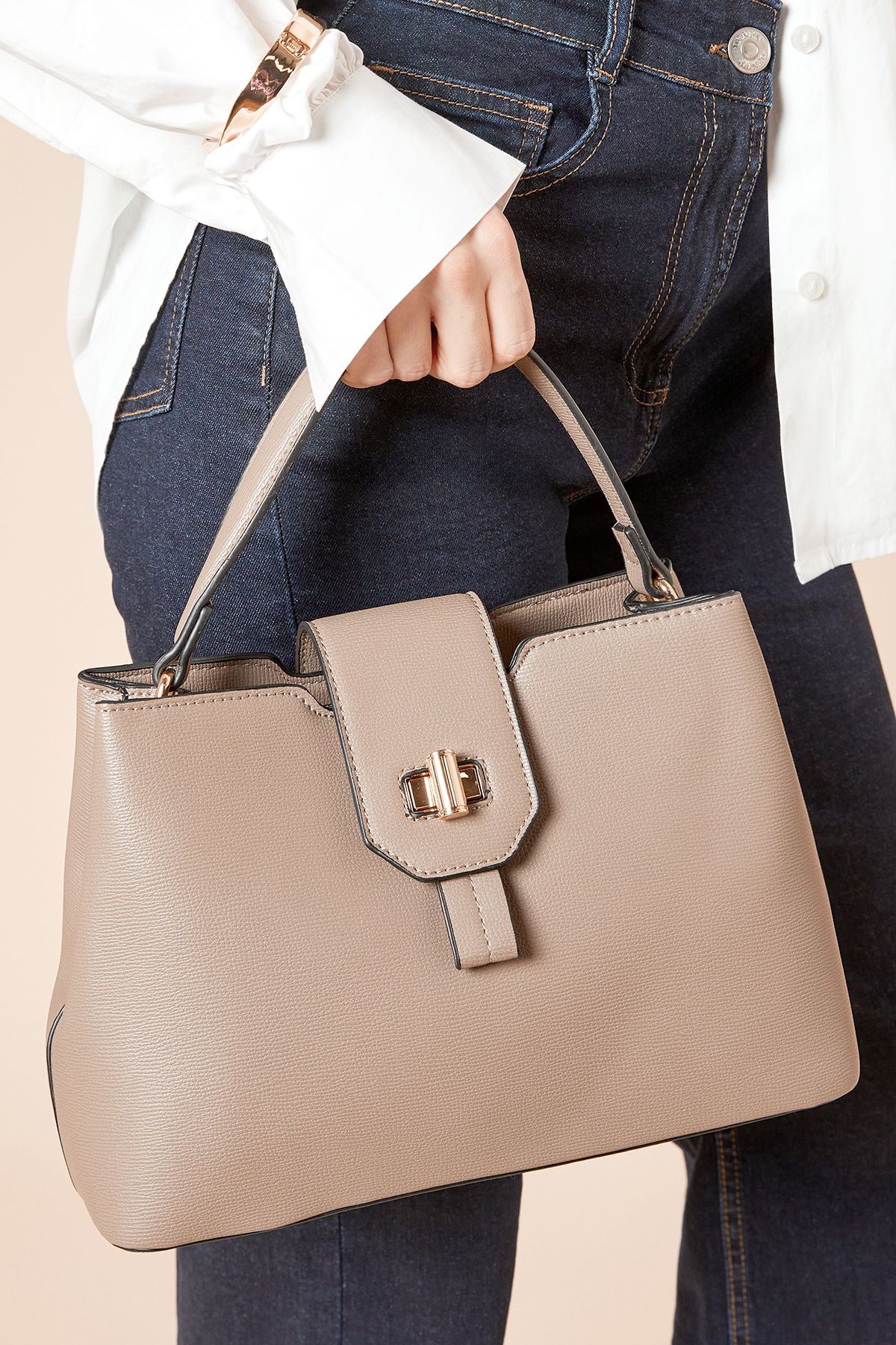 Dorothy Perkins Roslyn Faux Leather Gold Hardware Detail Shoulder Bag Taupe image 1