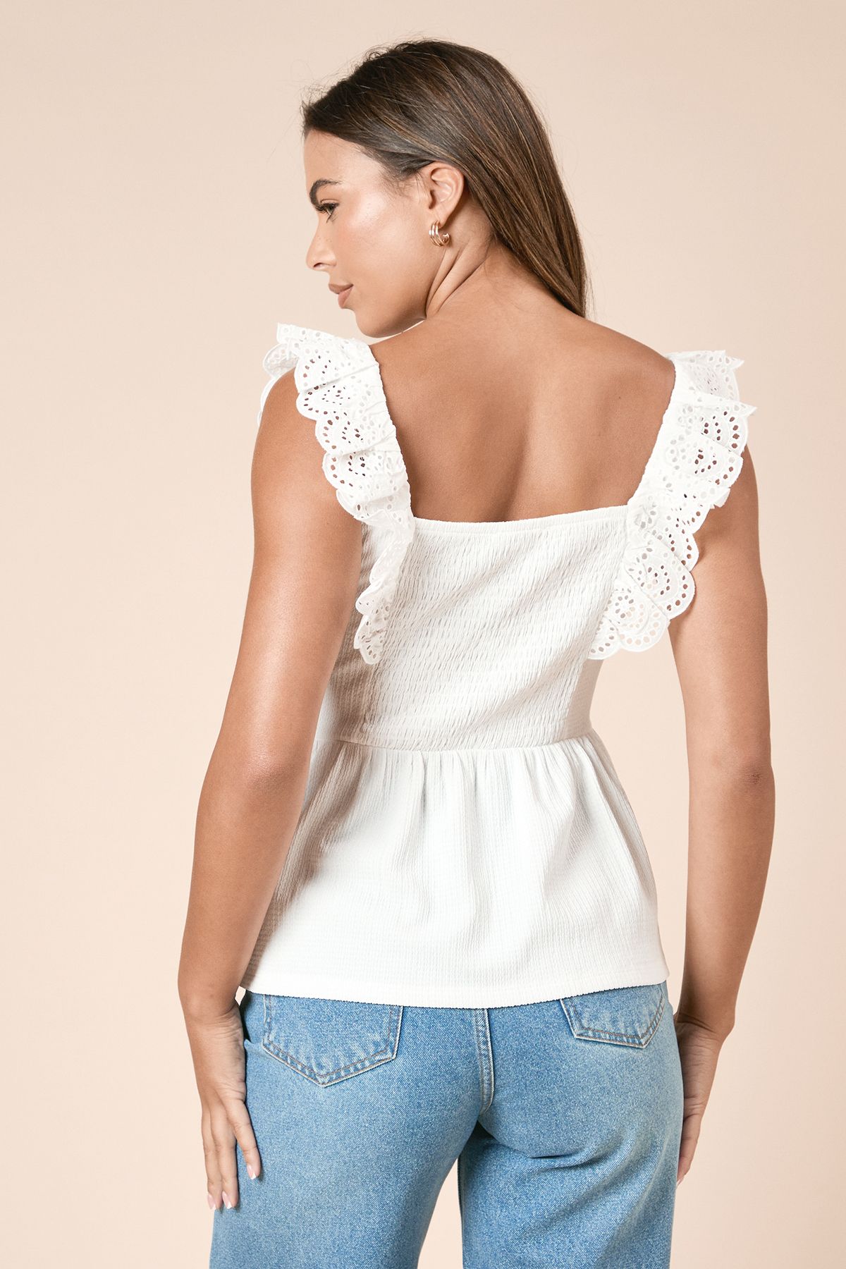 Dorothy Perkins Broderie Sleeve Peplum Jersey Top Ivory image 4