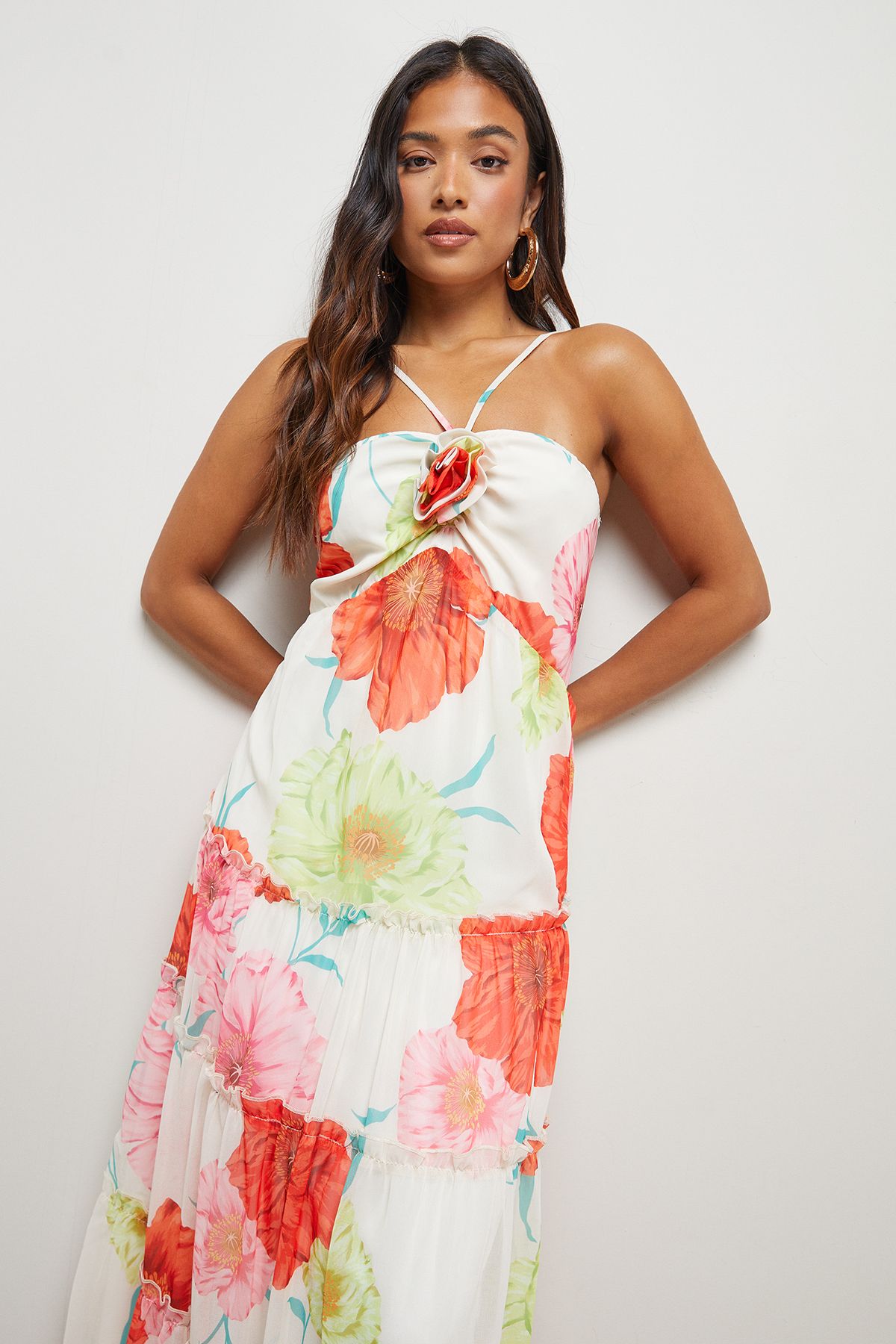 Oasis Petite Rosette Detail Halterneck Midi Dress Ivory image 4