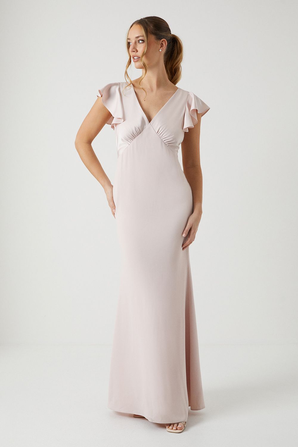 Coast Coast Honoured V Neck Angel Short Sleeve Satin Maxi Bridesmaid Dress Blush image 1