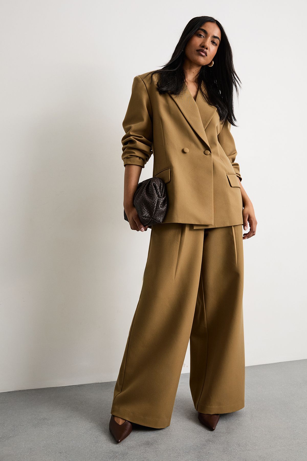 Warehouse The Premium Wide Leg Tailored Trousers Beige image 1