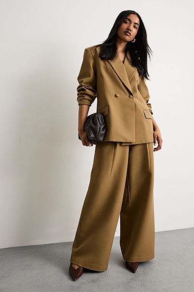 Warehouse The Premium Wide Leg Tailored Trousers Beige