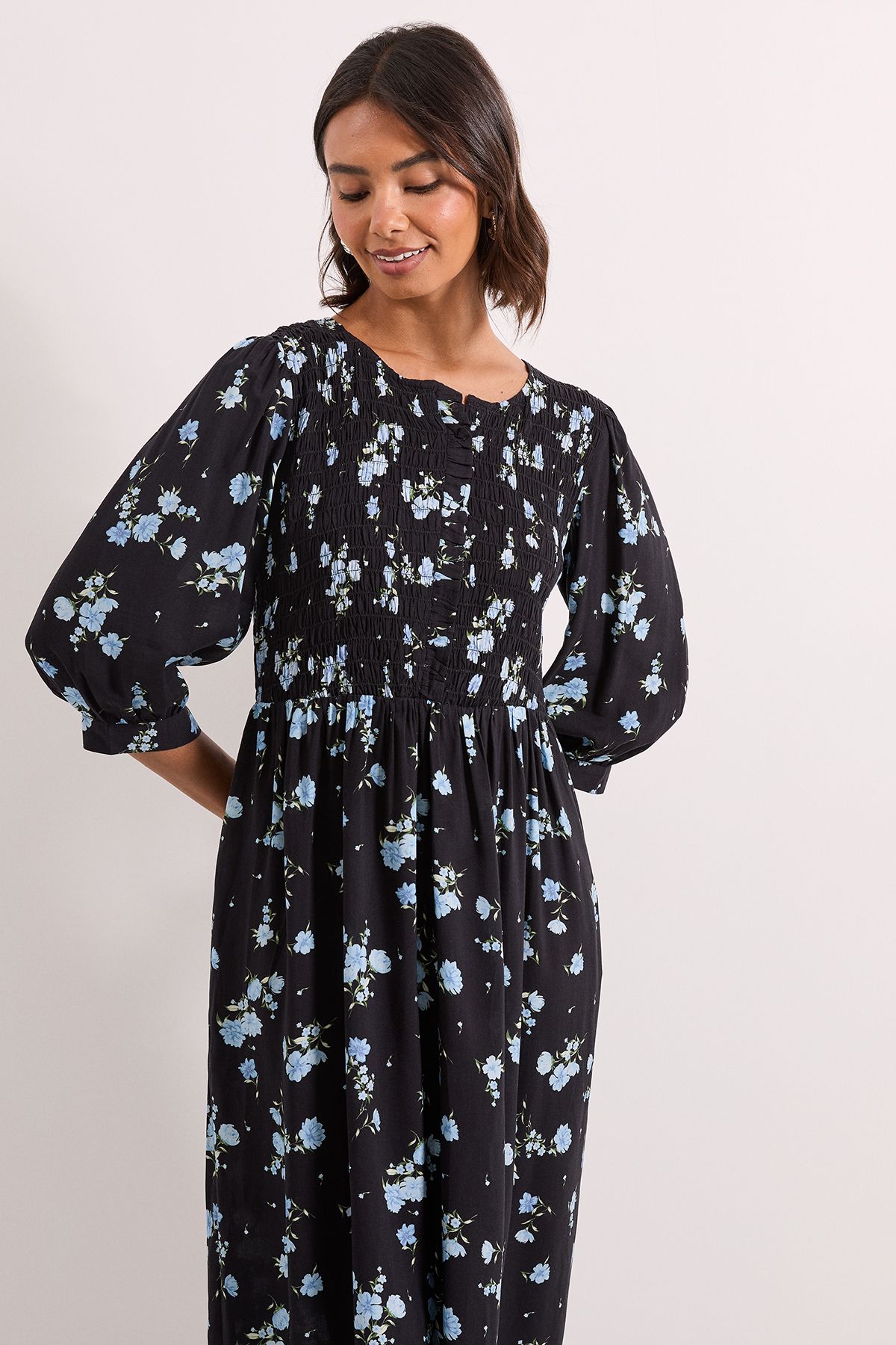 Dorothy Perkins Floral Shirred Bodice Button Detail Midi Dress Floral image 2