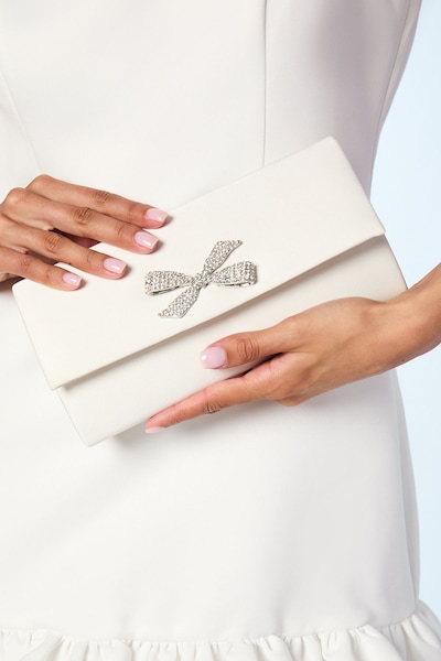 Coast Bridal Galaxy Satin Diamante Bow Brooch Clutch Bag Ivory