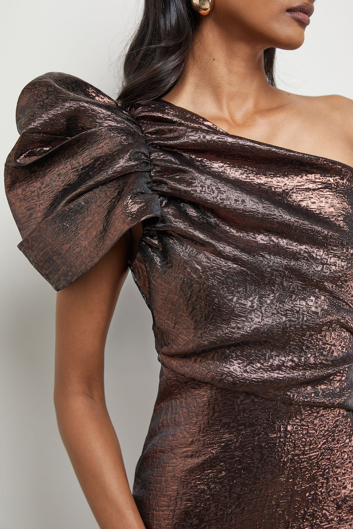 Warehouse Metallic Jacquard Fallen Shoulder Mini Dress Chocolate image 4