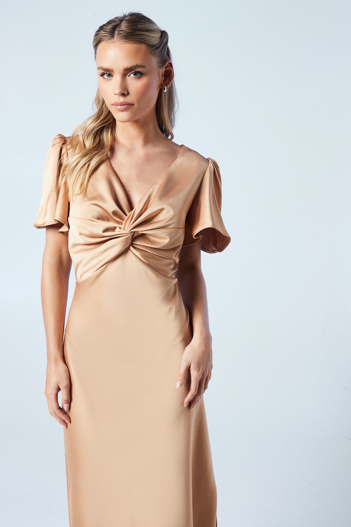 Oasis Petite Twist Front Angel Sleeve Maxi Bridesmaid Dress Biscuit image 2