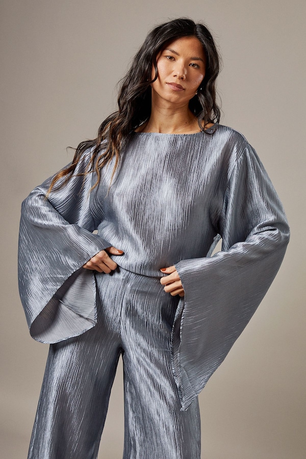 Warehouse Crinkle Satin Waterfall Sleeve Top Slate Grey