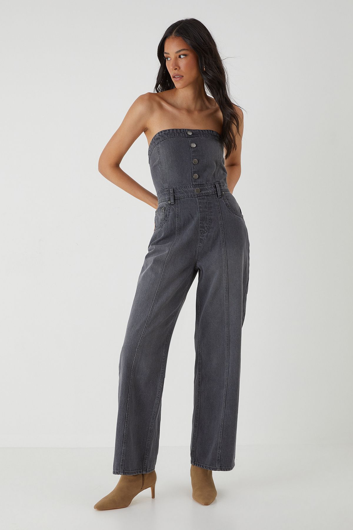 MissPap Denim Button Front Bandeau Jumpsuit Grey image 2