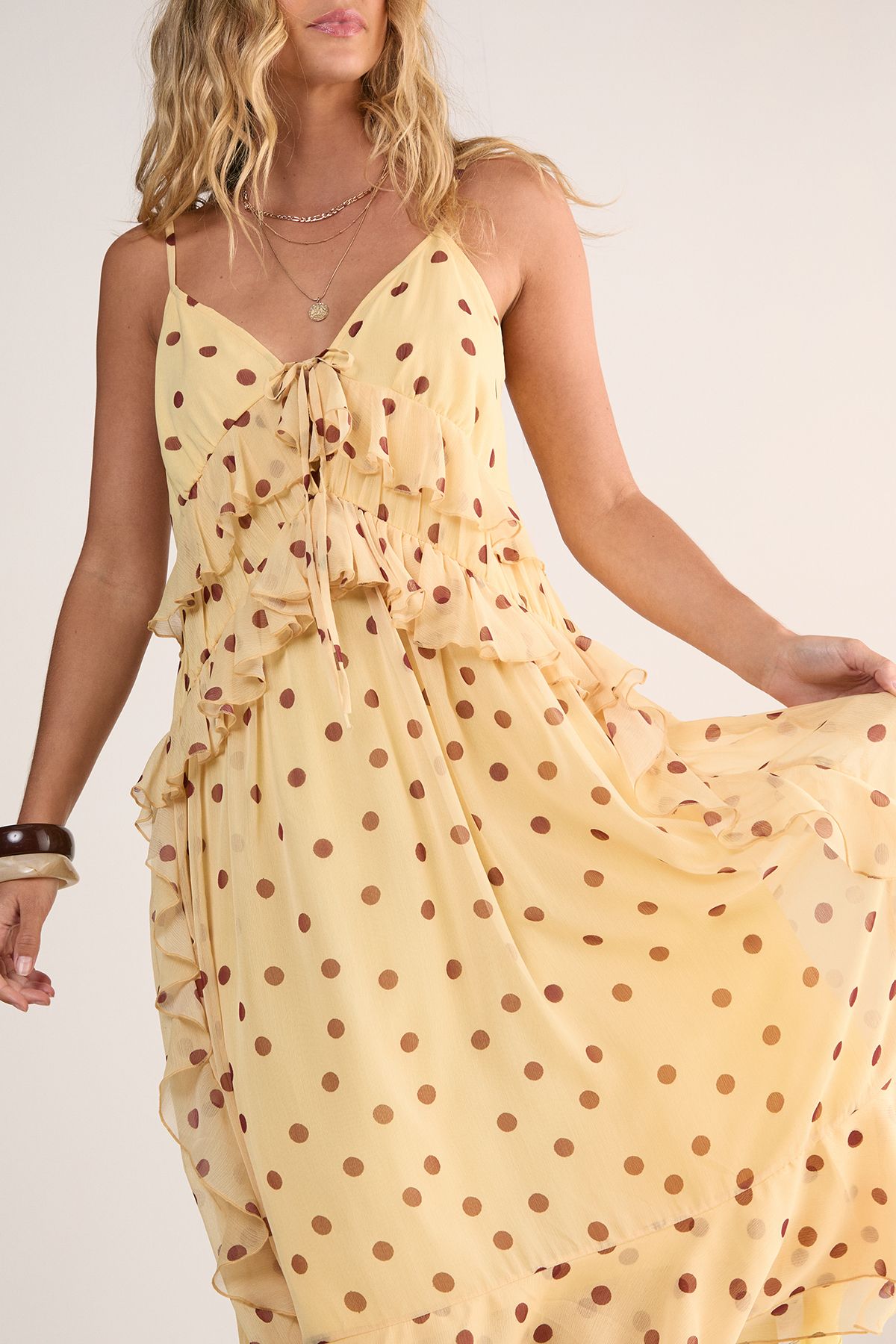NastyGal Polka Dot Ruffle Tie Front Maxi Dress Lemon image 5