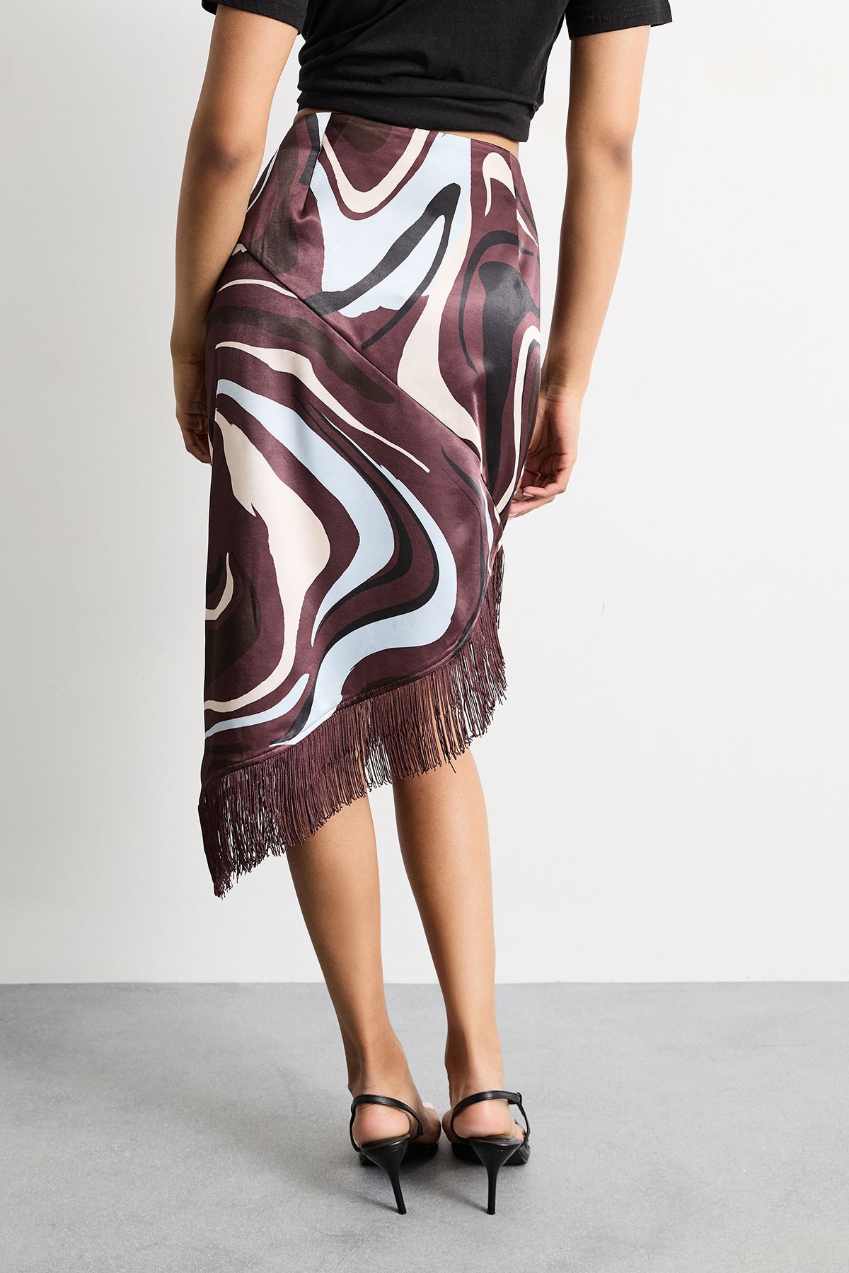 Warehouse Abstract Printed Satin Fringed Midi Skirt Chocolate image 3