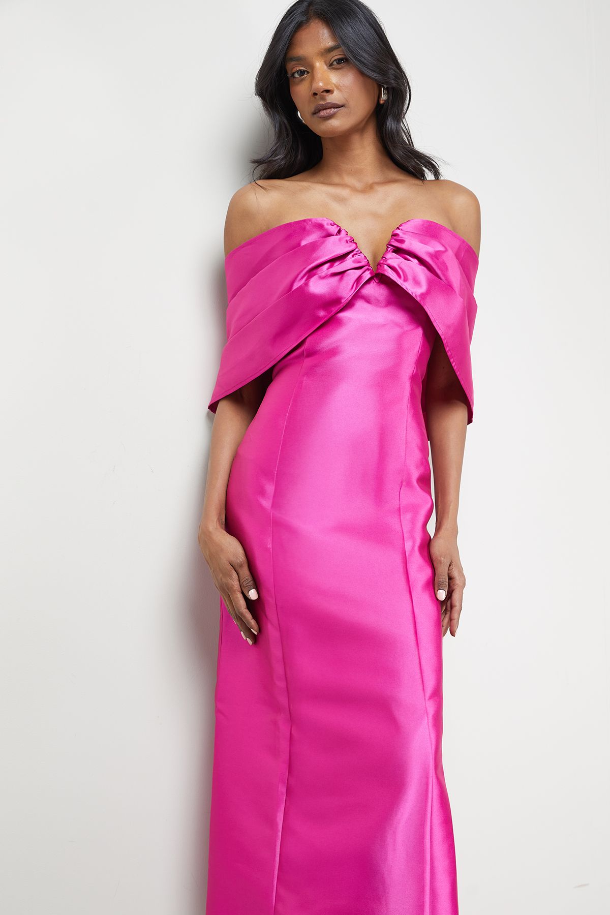 Warehouse Satin Twill Notch Front Bardot Midi Dress Pink image 4