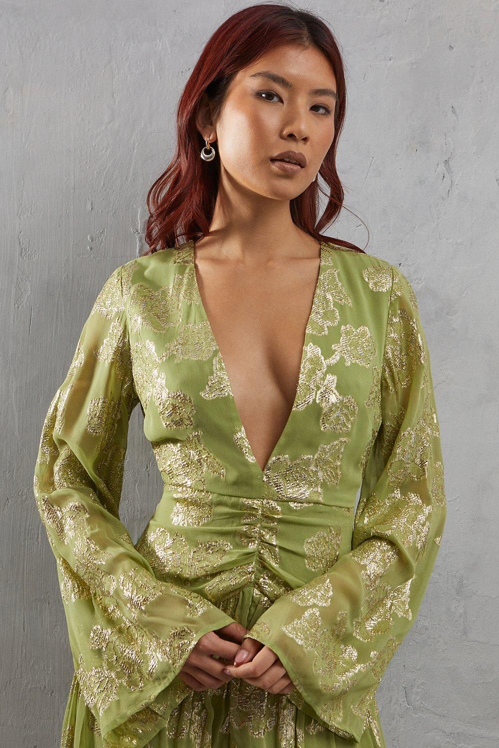 Warehouse Metallic V Plunge Maxi Dress Lime image 4