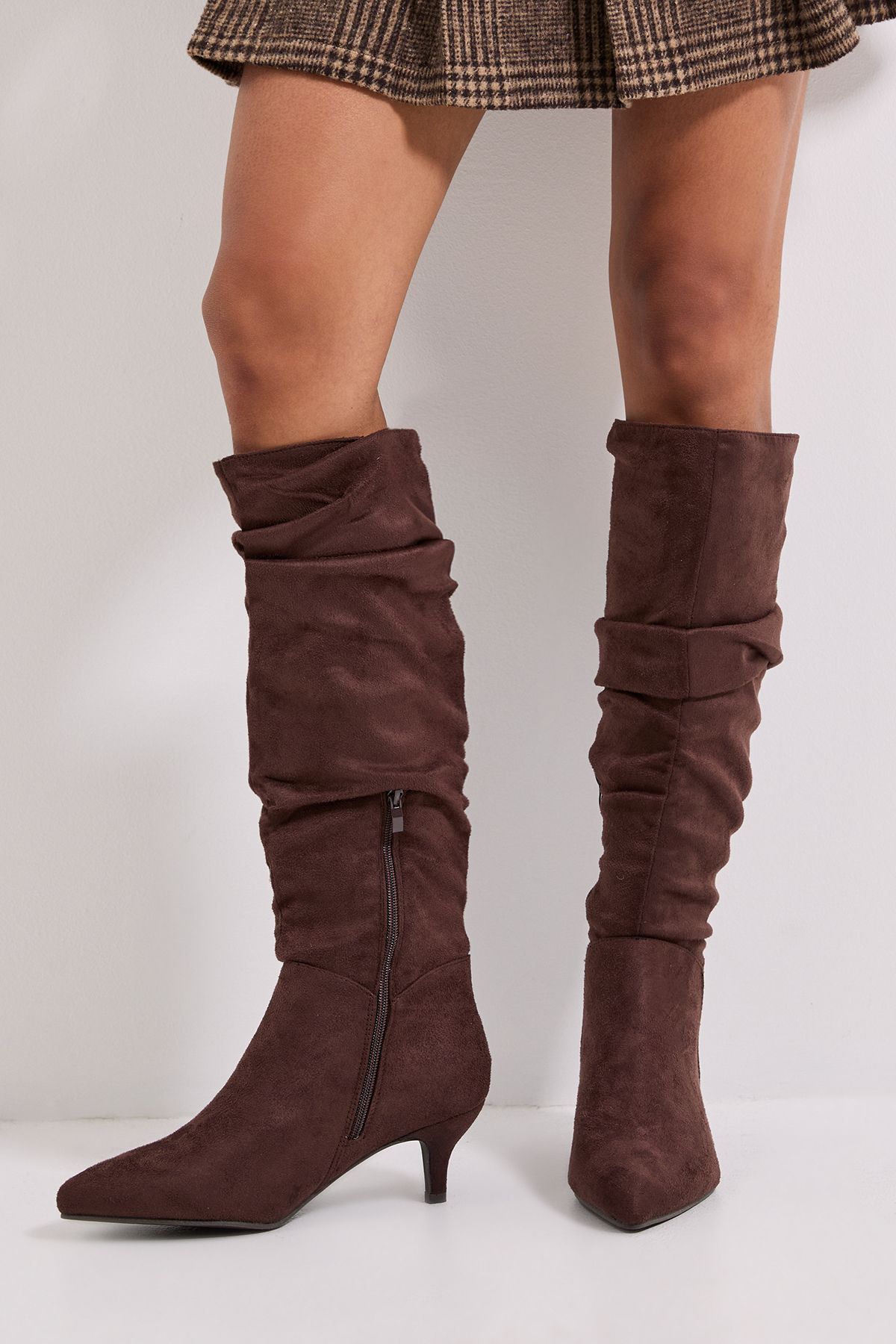 Dorothy Perkins Khloe Faux Suede Kitten Heel Knee High Ruched Boots Brown image 3