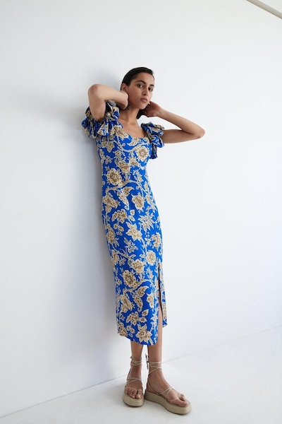 Warehouse Floral Print Square Neck Midi Dress Blue