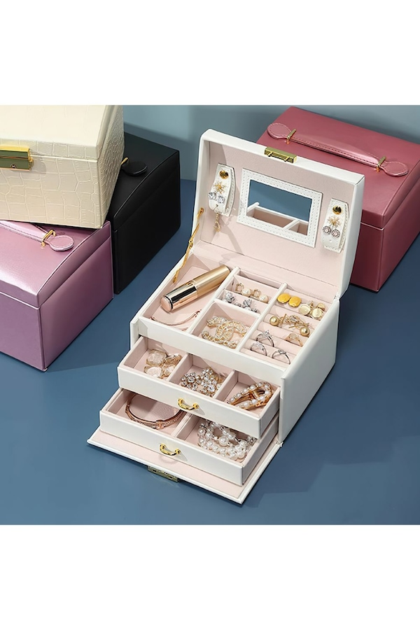 SHEONLY White PU Leather Jewellery Box with Mechanism Key Lock