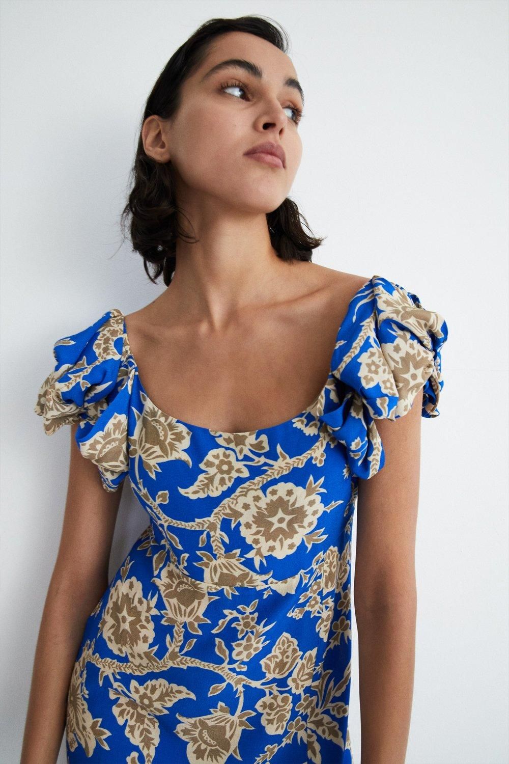 Warehouse Floral Print Square Neck Midi Dress Blue image 2