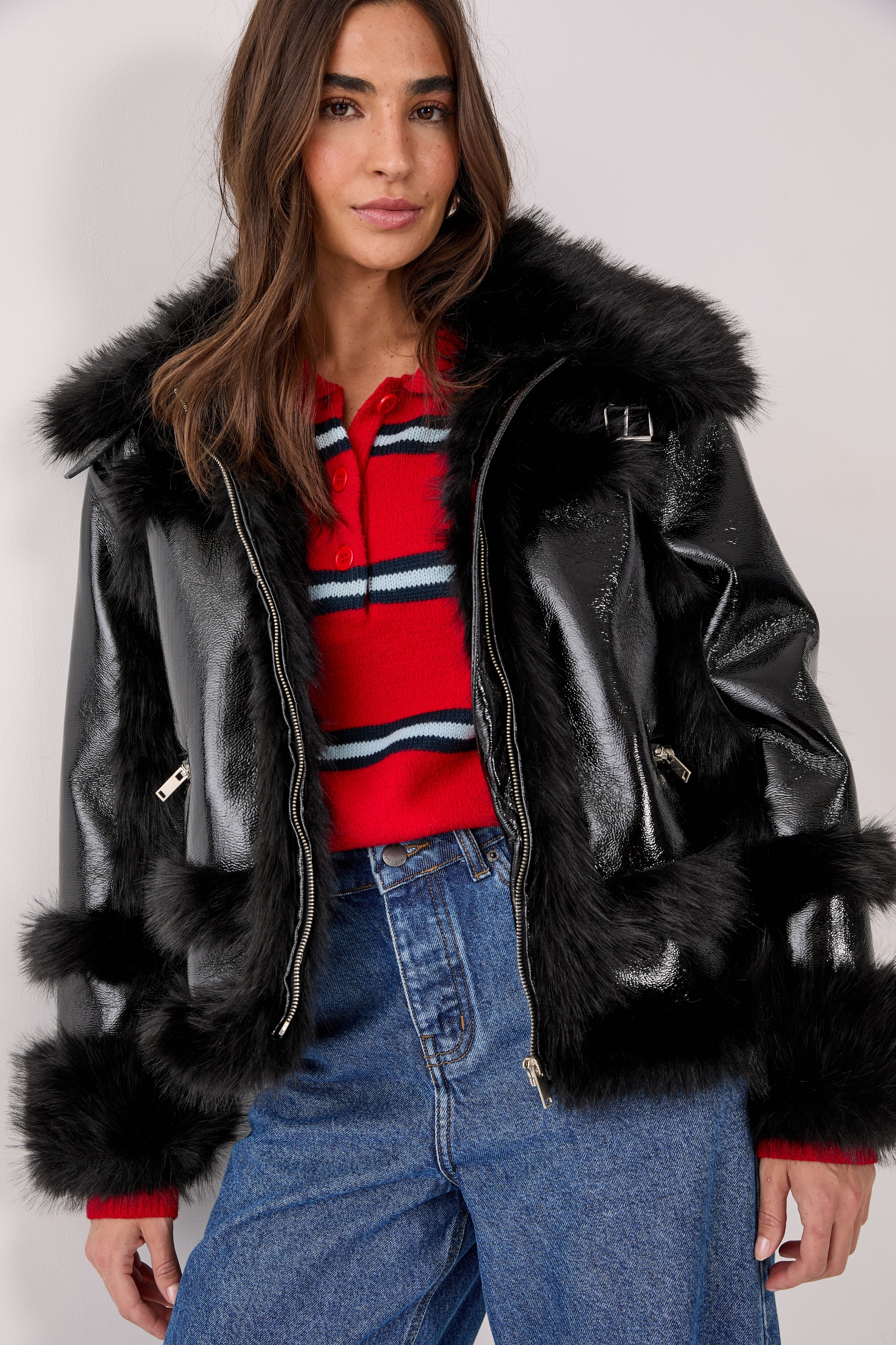 NastyGal Premium Vinyl Plush Fur Buckle Aviator Black image 1