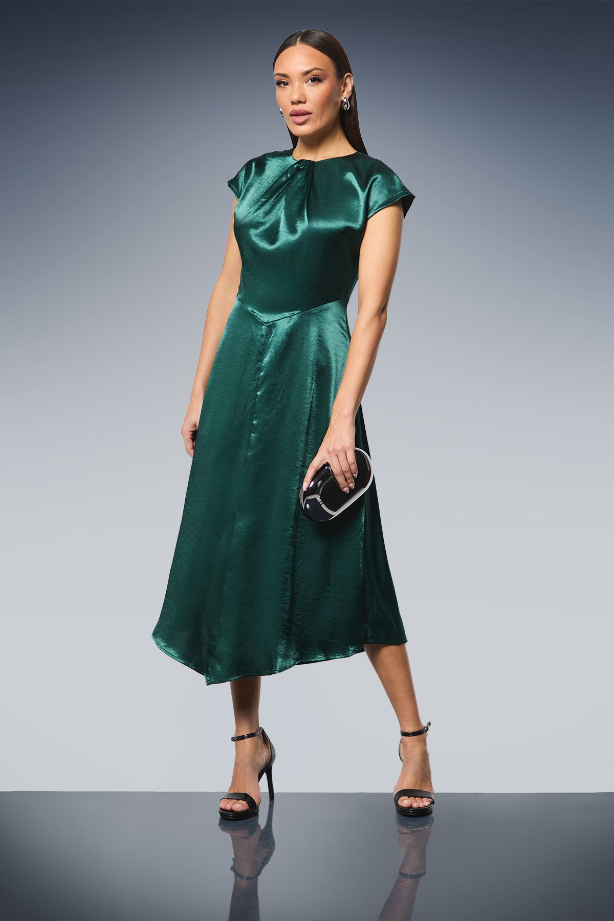Principles Green Twist Neck Asymmetric Hem Satin Midi Dress Green image 1