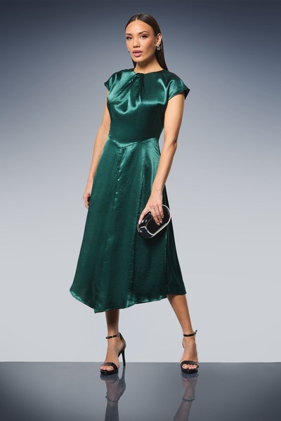 Principles Green Twist Neck Asymmetric Hem Satin Midi Dress Green