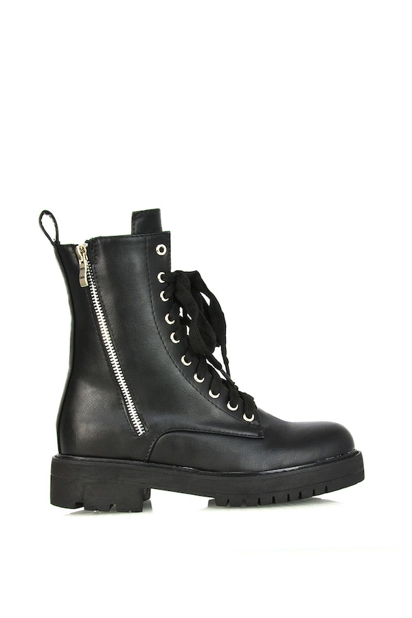 XY London 'Bianca' Flat Combat Lace up Chunky Military Ankle Boots