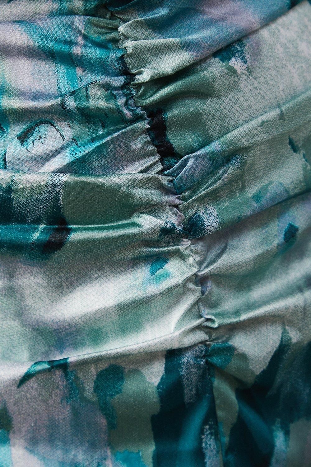 Warehouse Print Satin Ruched Front Midi Dress Green image 5