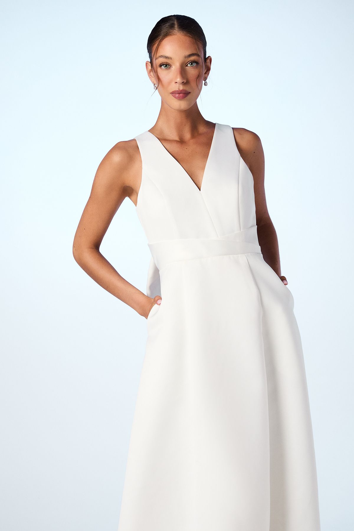 Coast Satin Plunge V Neck Maxi Wedding Dress with Back Bow Detail Ivory image 2