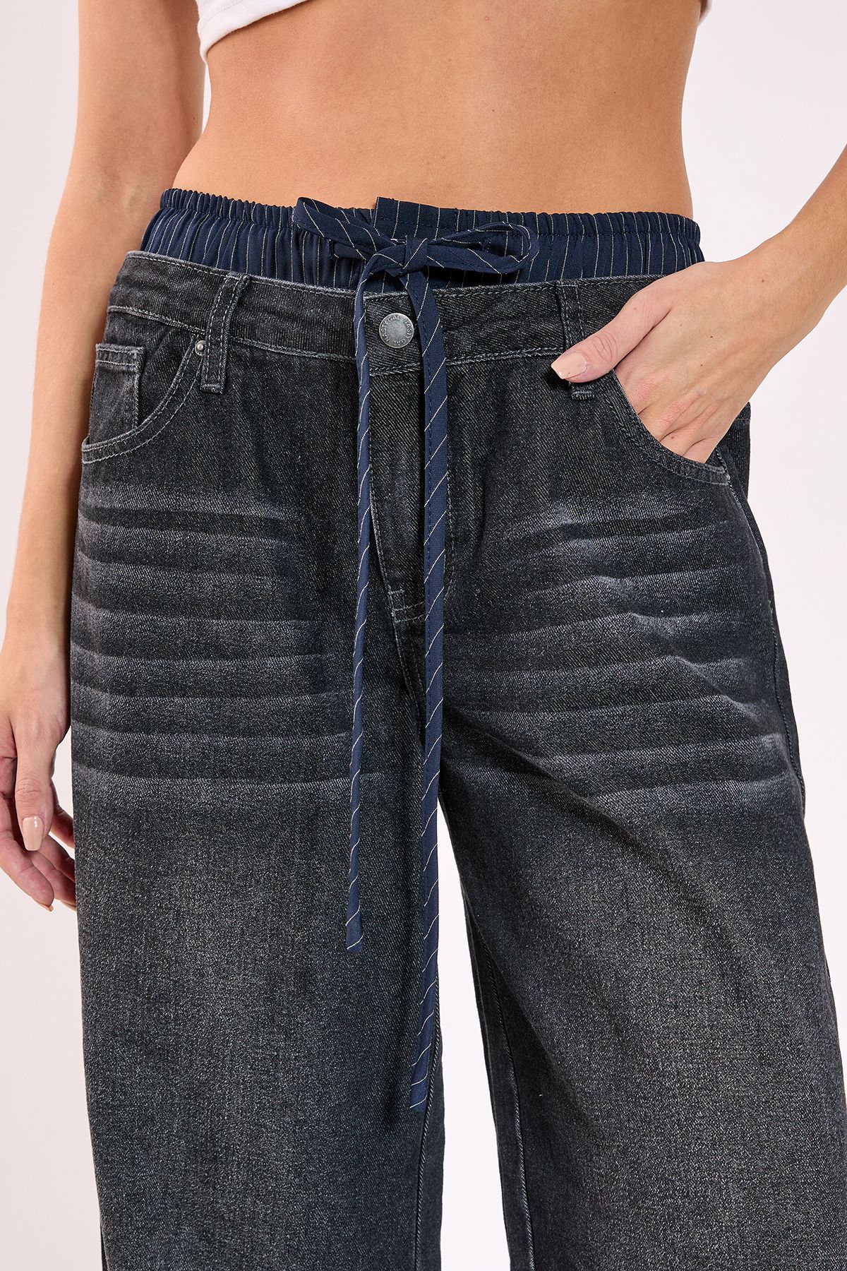 NastyGal Stone Wash Boxer Stripe Waistband Wide Leg Jeans Dark Grey image 3