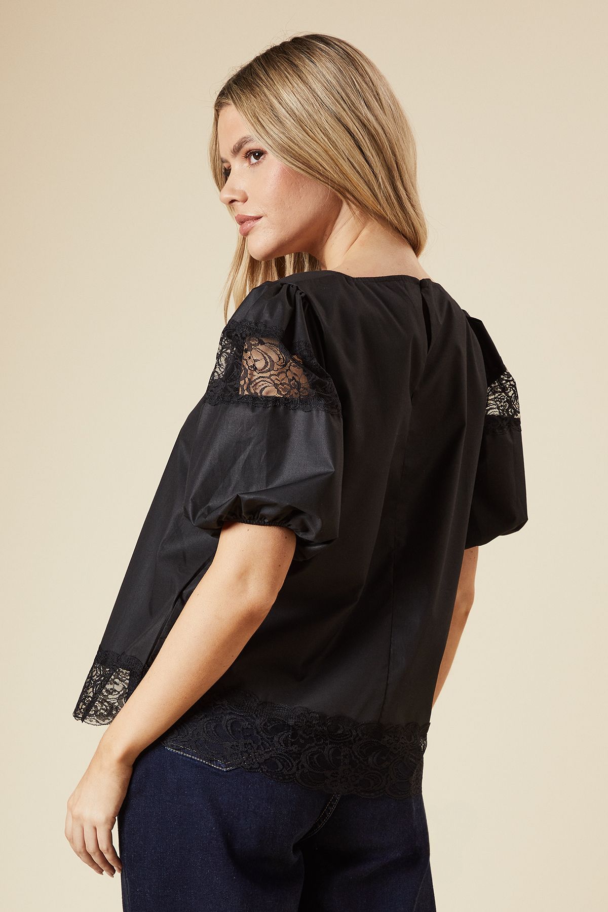 Dorothy Perkins Pleat Front Lace Trim Short Sleeve Blouse Black image 3