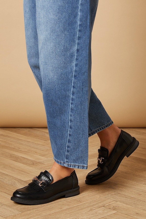 Oasis Zuleika Faux Leather Fringe Detail Metal Snaffle Chunky Loafers Black
