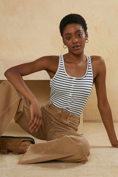 Oasis Cotton Stripe Rib Scoop Neck Vest Navy