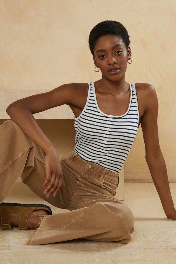 Oasis Cotton Stripe Rib Scoop Neck Vest Navy