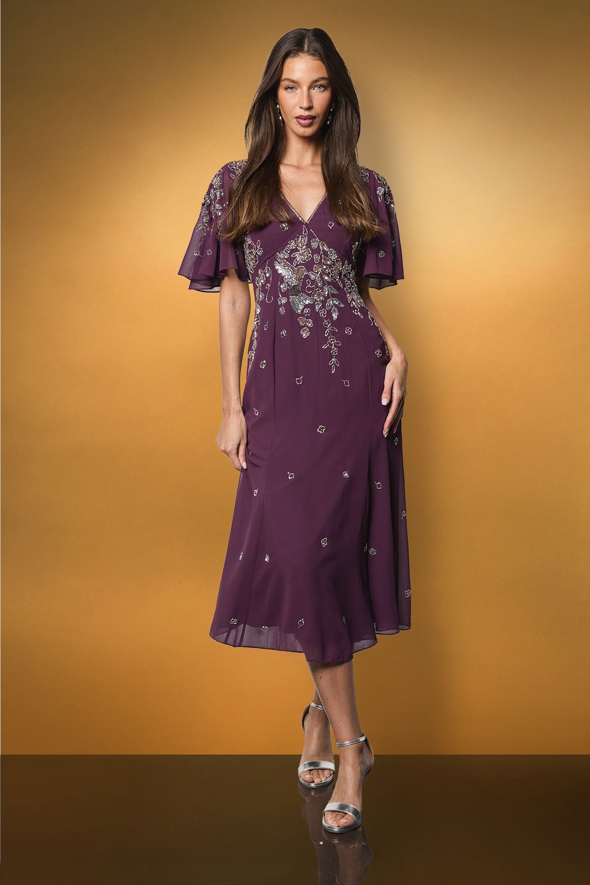 Coast Floral Embellished Flutter Sleeve Midi Dress Wine image 1
