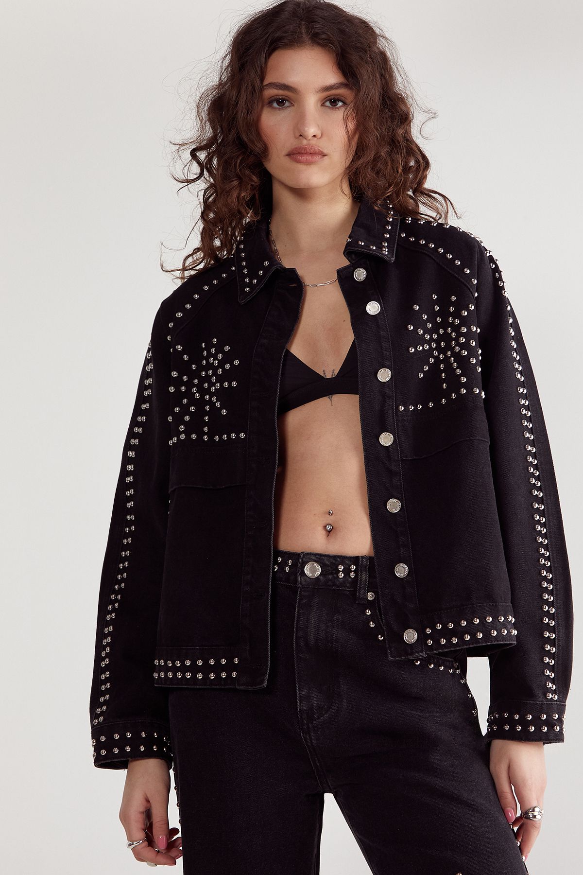 NastyGal Western Studded Denim Jacket Black image 1