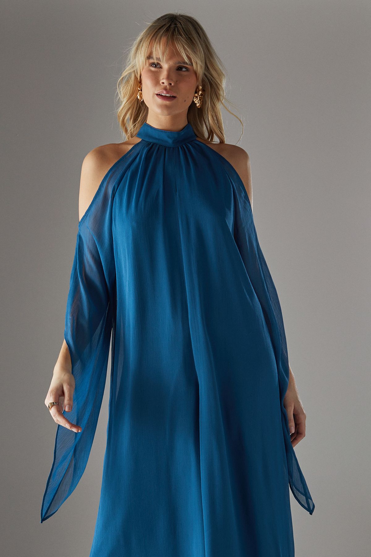 Warehouse Bohemian Halter Cold Shoulder Flared Sleeve Jumpsuit Teal image 2