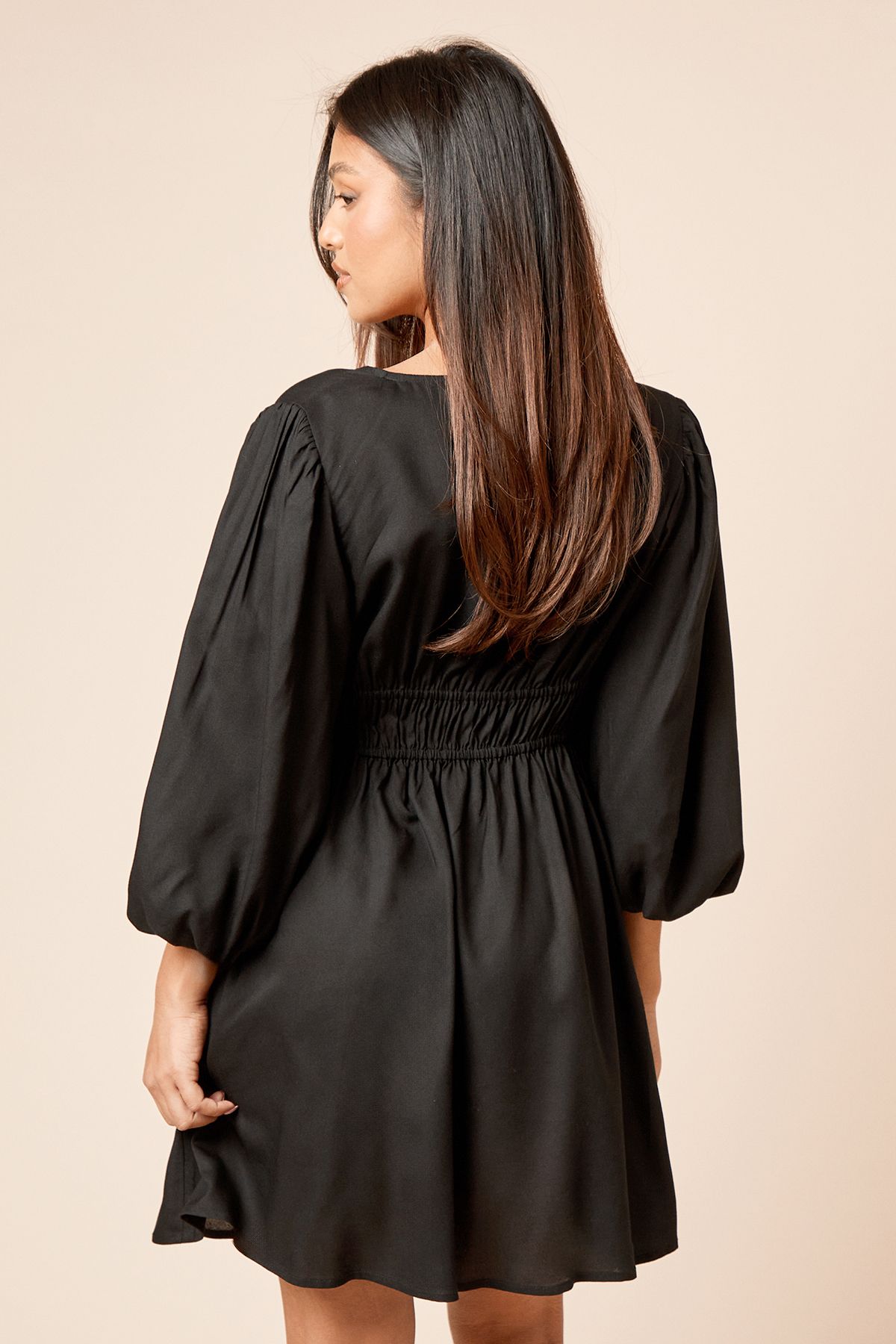 Dorothy Perkins Petite Tie Detail Blouson Sleeve Mini Dress Black image 3