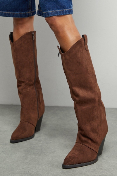Oasis Faith: Alma Faux Suede Straight Leg Western Knee Boots Chocolate