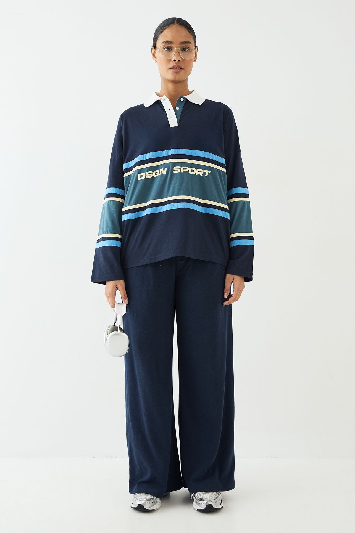 DSGN Studio DSGN Studio Sport Oversized Colour Block Collared Top Navy image 5