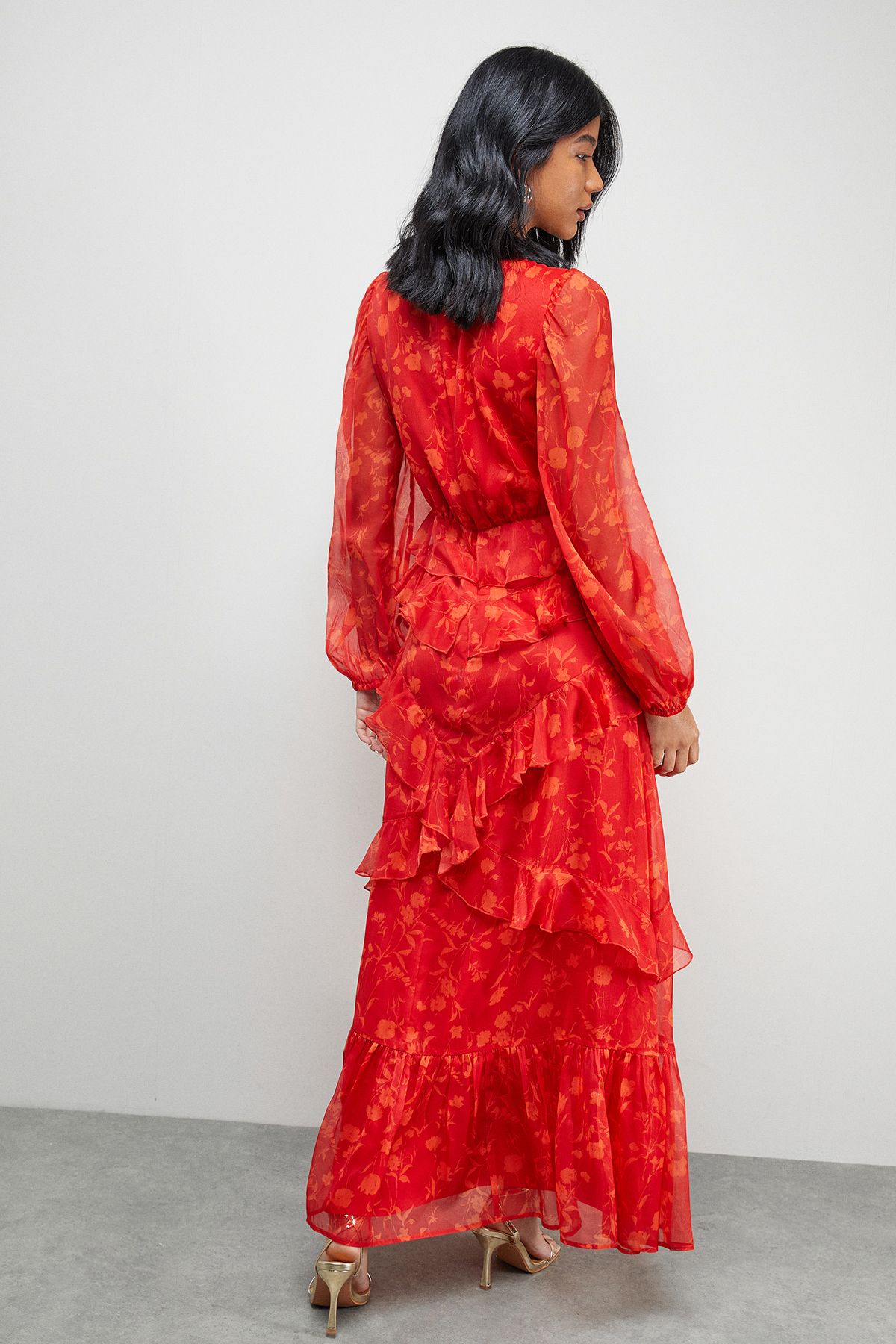 Warehouse Print Chiffon Plunge Neck Ruffle Detail Volume Sleeve Maxi Dress Floral image 3