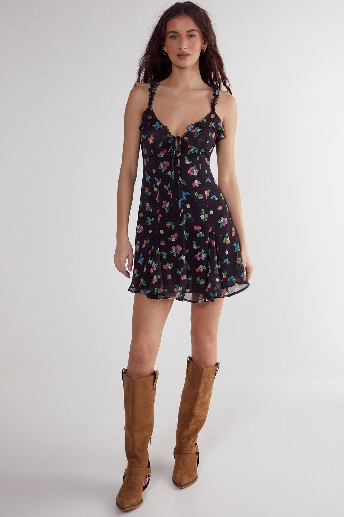 NastyGal Fruit Ruffle Tie Front Mini Dress Black image 3