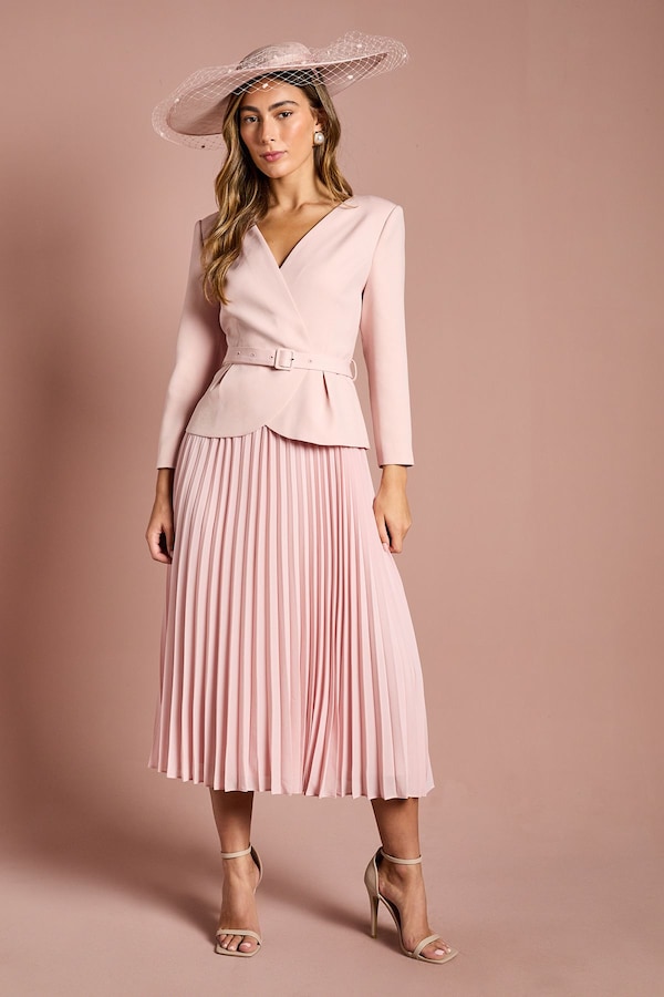 Coast Crepe Bodice Long Sleeve Pleated Midi Dress Rose