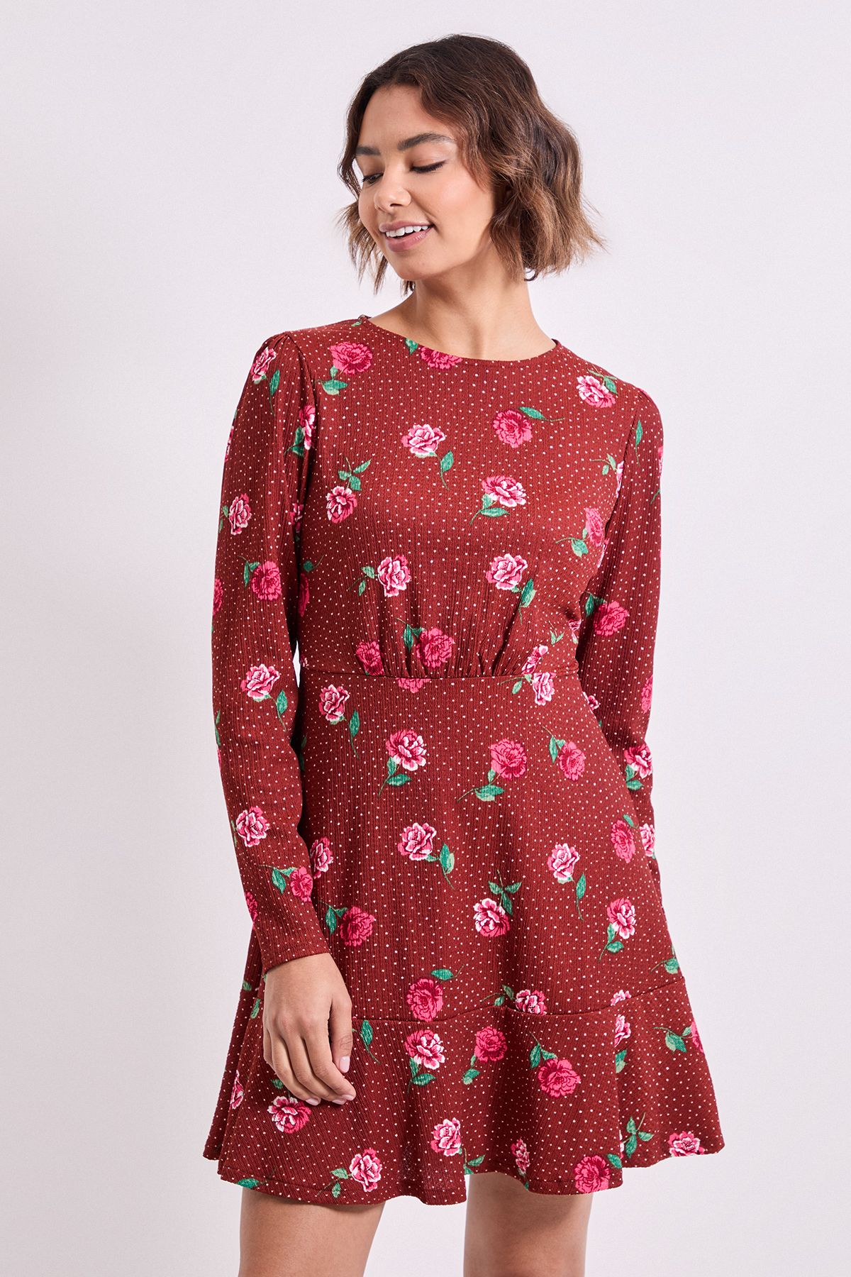 Dorothy Perkins Floral Wrap Skirt Detail Jersey Mini Dress Burgundy image 2