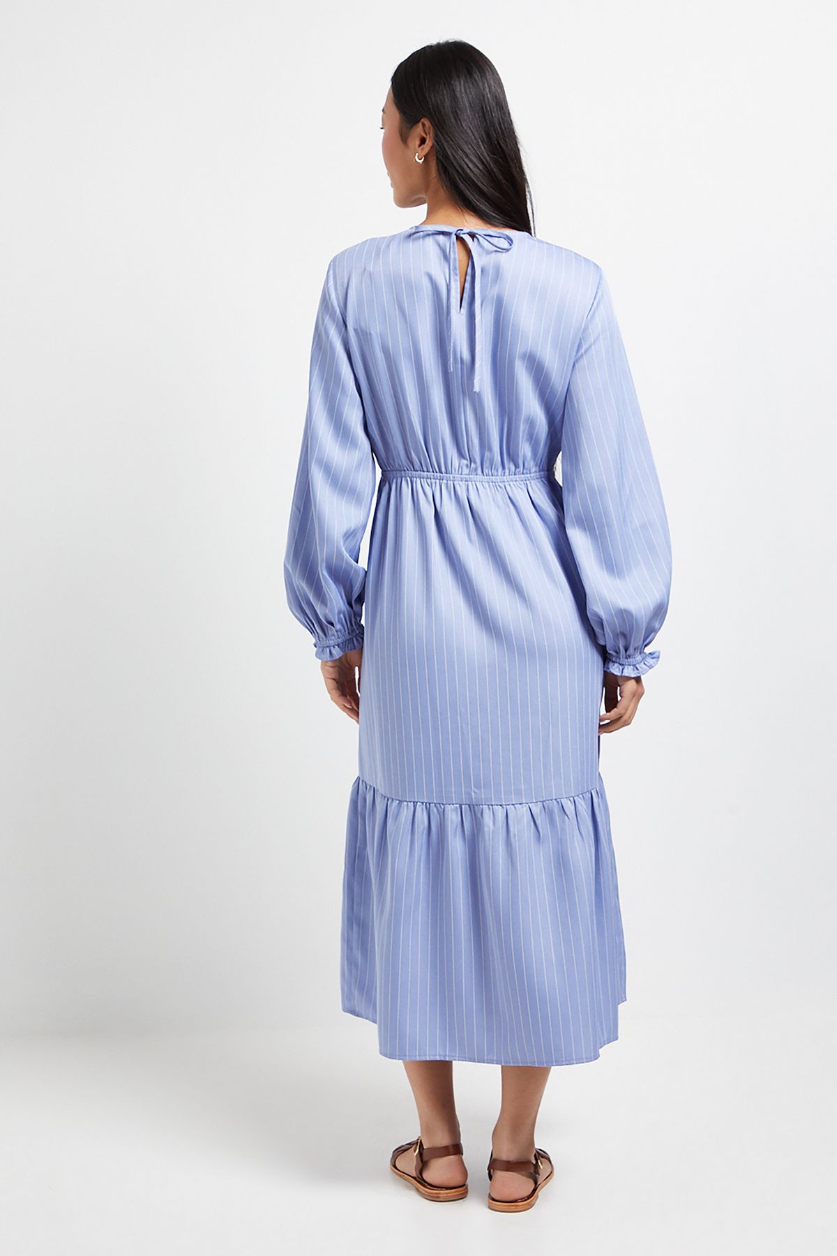 Dorothy Perkins Petite Shirred Bodice Tiered Stripe Midi Dress Blue image 3