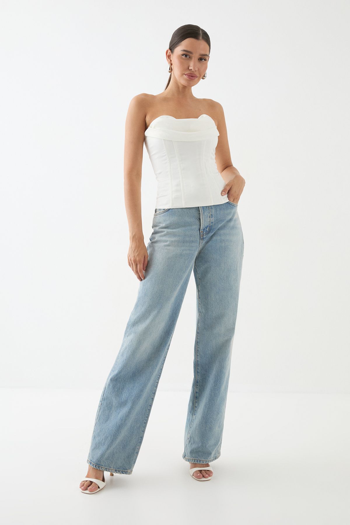 MissPap Satin Bandeau Draped Corset Top White image 1